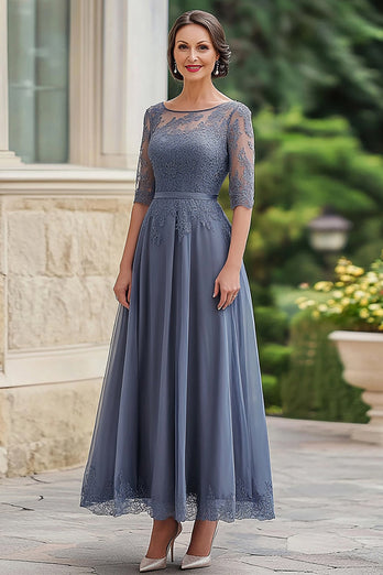 Elegant Dusty Blue Lace Mother of Bride Dress with Half Sleeves