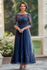 Load image into Gallery viewer, Elegant Navy Lace A Line Mother of The Bride Dress with 3/4 Sleeves