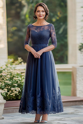 Elegant Navy Lace A Line Mother of The Bride Dress with 3/4 Sleeves