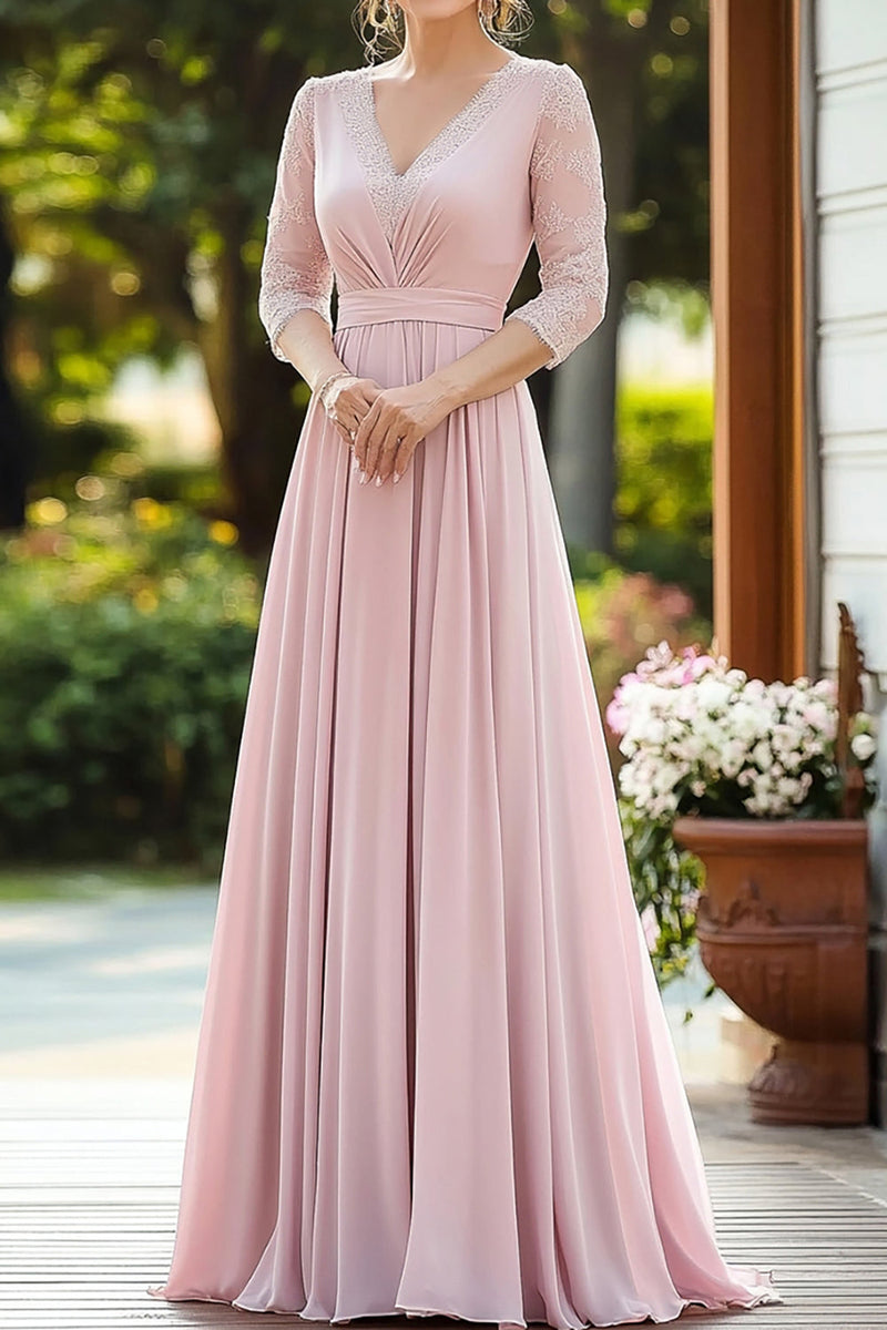 Load image into Gallery viewer, Pink Elegant Lace Chiffon Mother Of the Bride Dress with 3/4 Sleeves