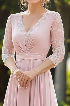 Pink Elegant Lace Chiffon Mother Of the Bride Dress with 3/4 Sleeves