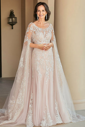 Elegant Beige Cap Sleeve Mother Of Bride Dress With Lace Appliques