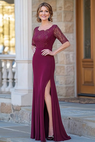 Graceful Burgundy Lace Appliques Mother Of Bride Dress With Slit