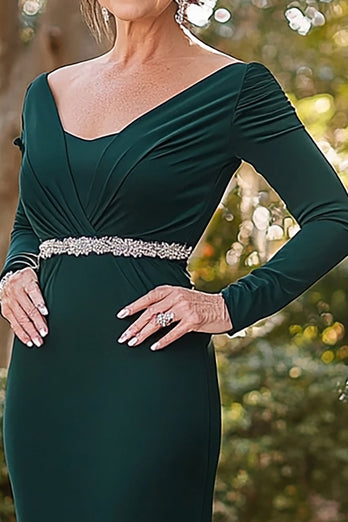 Elegant Dark Green Long Sleeve Mother Of Bride Dress With Beading