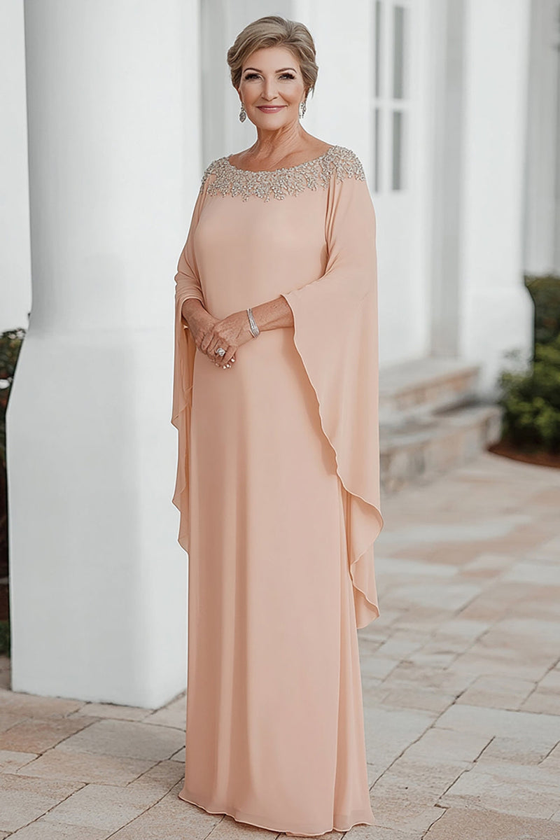 Load image into Gallery viewer, Apricot Chiffon Column Scoop Neck Flutter Sleeves Mother of the Bride Dress