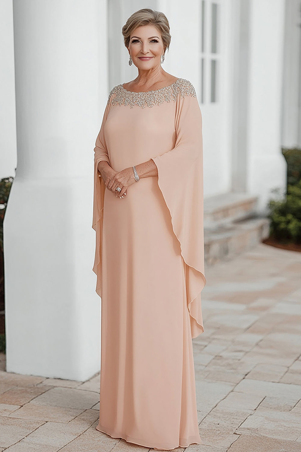 Apricot Chiffon Column Scoop Neck Flutter Sleeves Mother of the Bride Dress