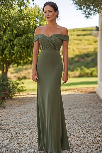 Matte Satin Olive Sheath Off the Shoulder Mother of the Bride Dress with Belted