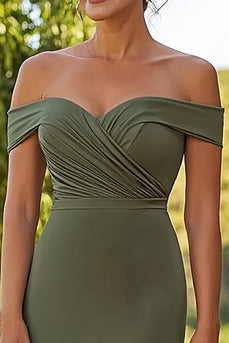 Matte Satin Olive Sheath Off the Shoulder Mother of the Bride Dress with Belted