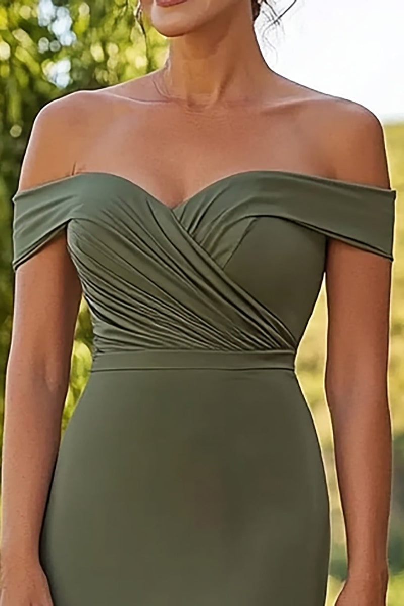 Load image into Gallery viewer, Matte Satin Olive Sheath Off the Shoulder Mother of the Bride Dress with Belted