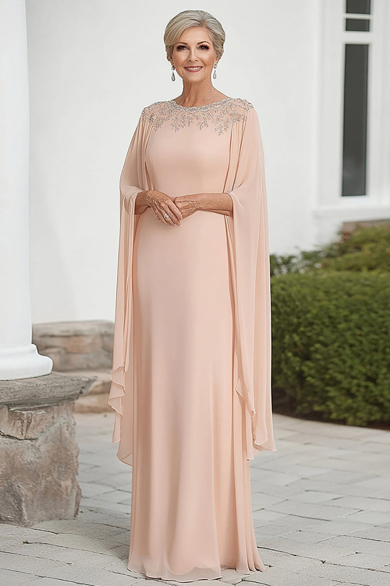 Load image into Gallery viewer, Flutter Sleeves Apricot Chiffon Column Scoop Neck Mother of the Bride Dress with Beaded