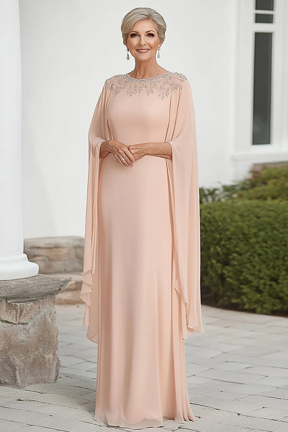 Flutter Sleeves Apricot Chiffon Column Scoop Neck Mother of the Bride Dress with Beaded