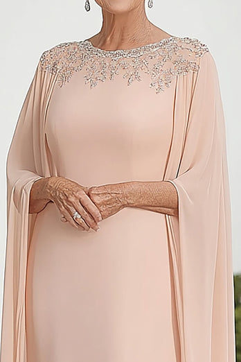 Flutter Sleeves Apricot Chiffon Column Scoop Neck Mother of the Bride Dress with Beaded