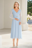 Load image into Gallery viewer, Lace Chiffon Sky Blue A Line V Neck Tea Length Mother of the Bride Dress with Belted