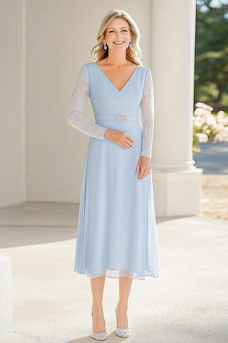 Lace Chiffon Sky Blue A Line V Neck Tea Length Mother of the Bride Dress with Belted