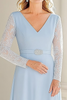 Load image into Gallery viewer, Lace Chiffon Sky Blue A Line V Neck Tea Length Mother of the Bride Dress with Belted