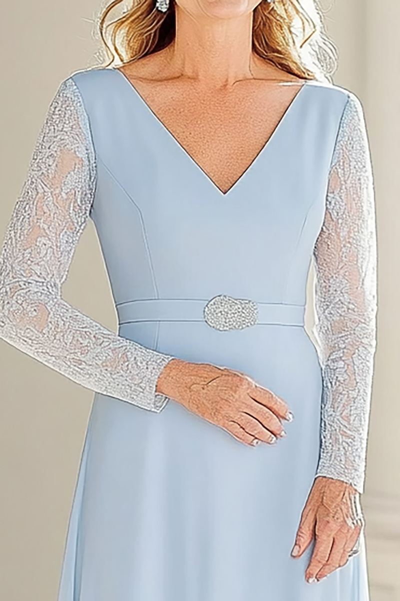 Load image into Gallery viewer, Lace Chiffon Sky Blue A Line V Neck Tea Length Mother of the Bride Dress with Belted