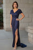 Load image into Gallery viewer, Glitter Navy Fabric Sheath V Neck Short Sleeves Drape Mother of the Bride Dress with Slit