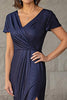 Load image into Gallery viewer, Glitter Navy Fabric Sheath V Neck Short Sleeves Drape Mother of the Bride Dress with Slit