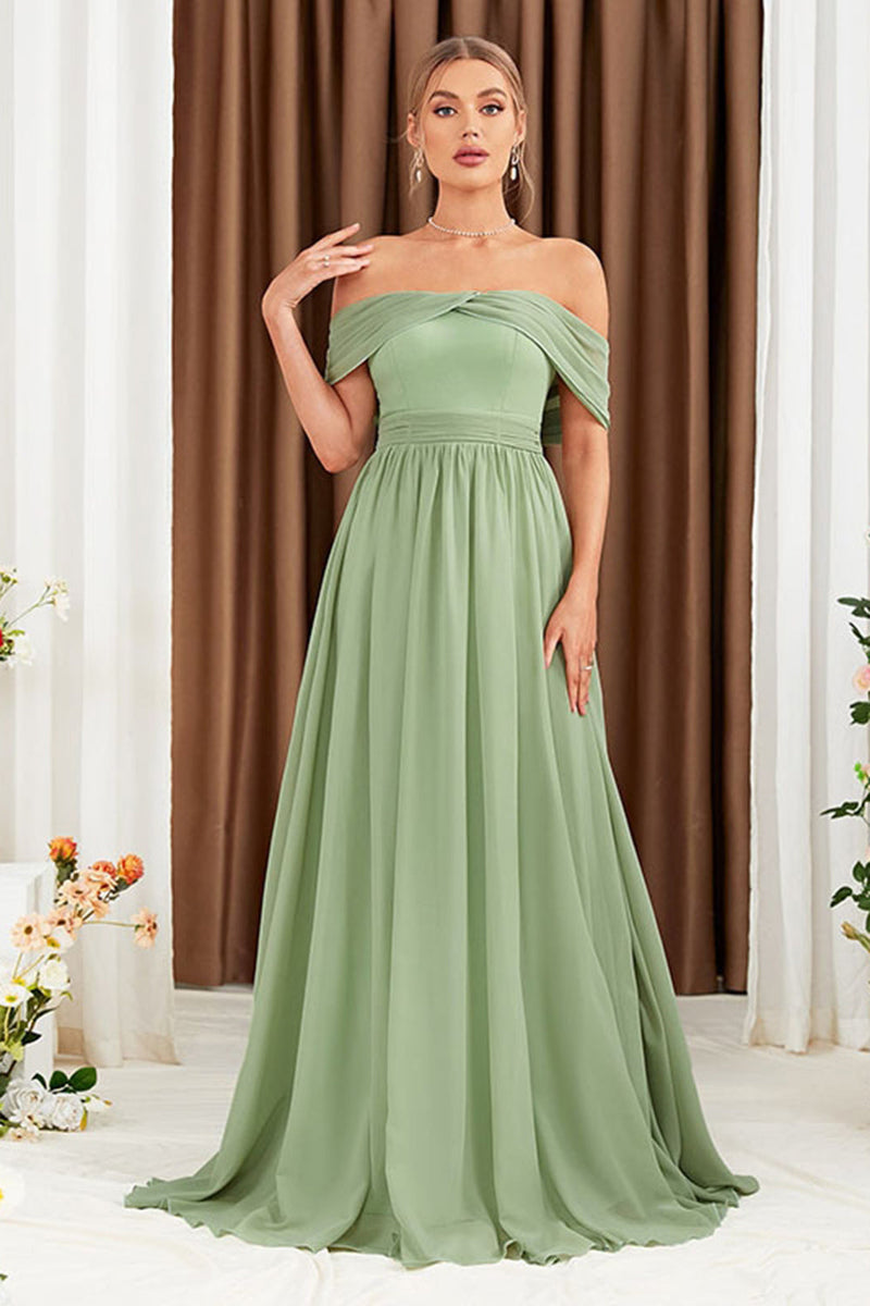 Load image into Gallery viewer, Green A-Line Off the Shoulder Chiffon Long Prom Dress