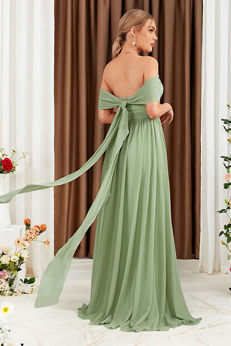 Load image into Gallery viewer, Green A-Line Off the Shoulder Chiffon Long Prom Dress