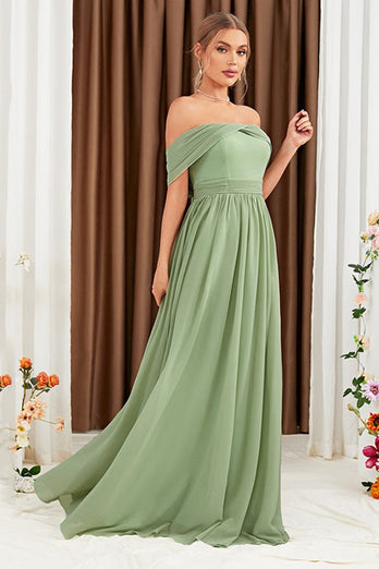 Green A-Line Off the Shoulder Chiffon Long Prom Dress