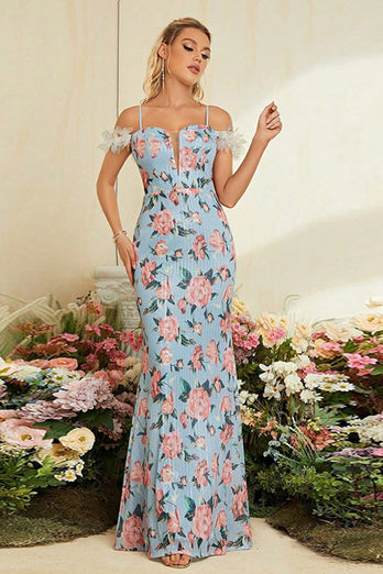 Blue Mermaid Floral Cold Shoulder Long Prom Dress