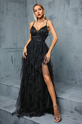 Black A-Line Spaghetti Straps Flowers Ruffles Tulle Long Prom Dress with Slit