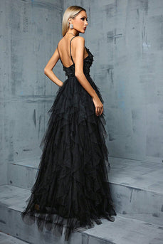 Black A-Line Spaghetti Straps Flowers Ruffles Tulle Long Prom Dress with Slit