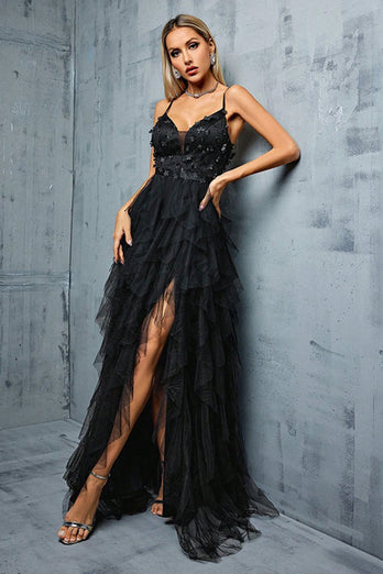 Black A-Line Spaghetti Straps Flowers Ruffles Tulle Long Prom Dress with Slit