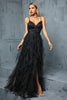 Load image into Gallery viewer, Black A-Line Spaghetti Straps Flowers Ruffles Tulle Long Prom Dress with Slit