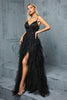 Load image into Gallery viewer, Black A-Line Spaghetti Straps Flowers Ruffles Tulle Long Prom Dress with Slit