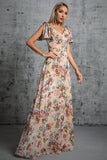 Light Khaki Floral Printed A-Line V-neck Long Prom Dress