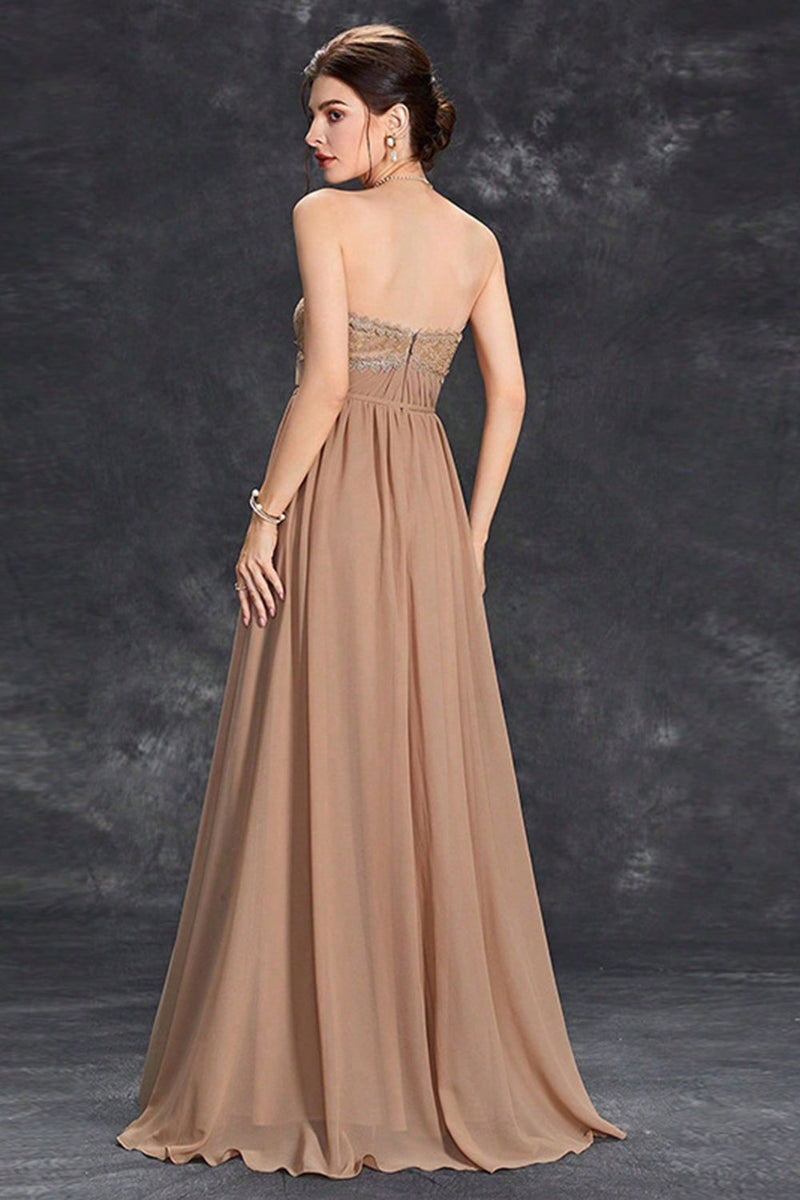 Load image into Gallery viewer, Simple Khaki A-Line Strapless Chiffon Long Prom Dress