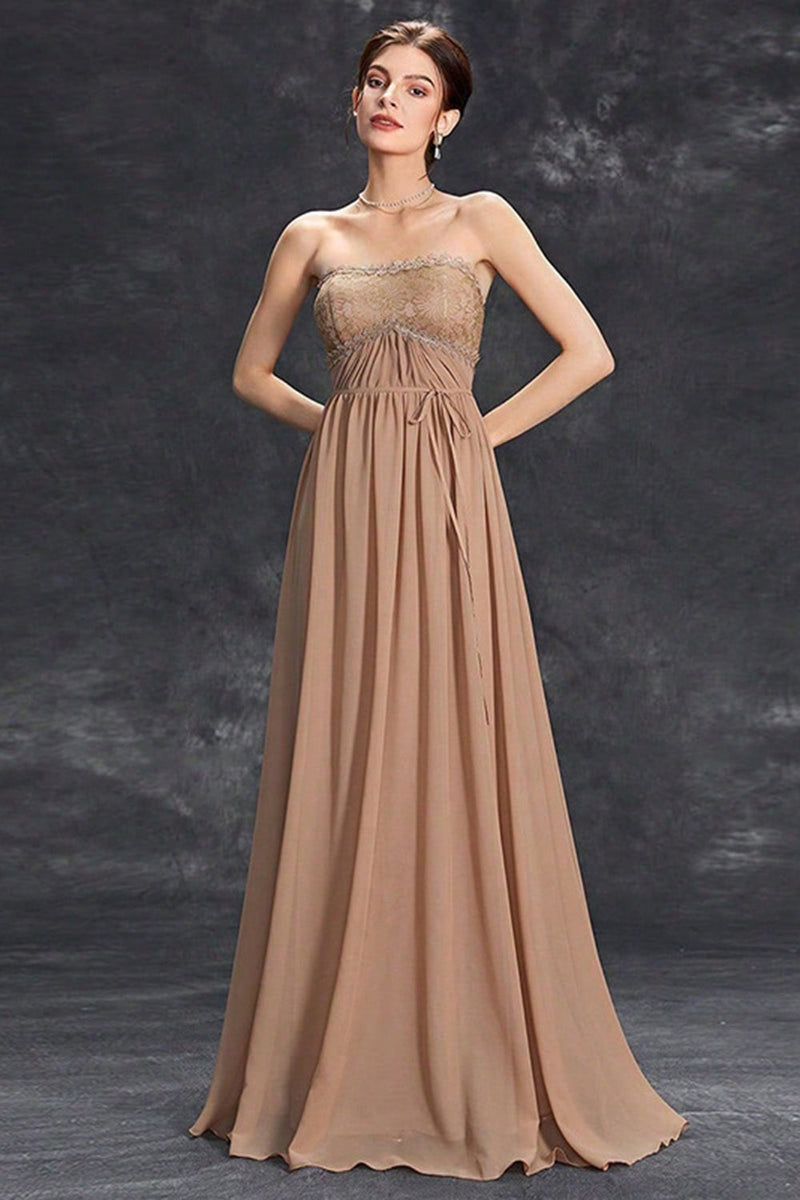 Load image into Gallery viewer, Simple Khaki A-Line Strapless Chiffon Long Prom Dress