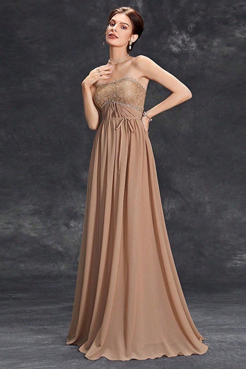 Load image into Gallery viewer, Simple Khaki A-Line Strapless Chiffon Long Prom Dress