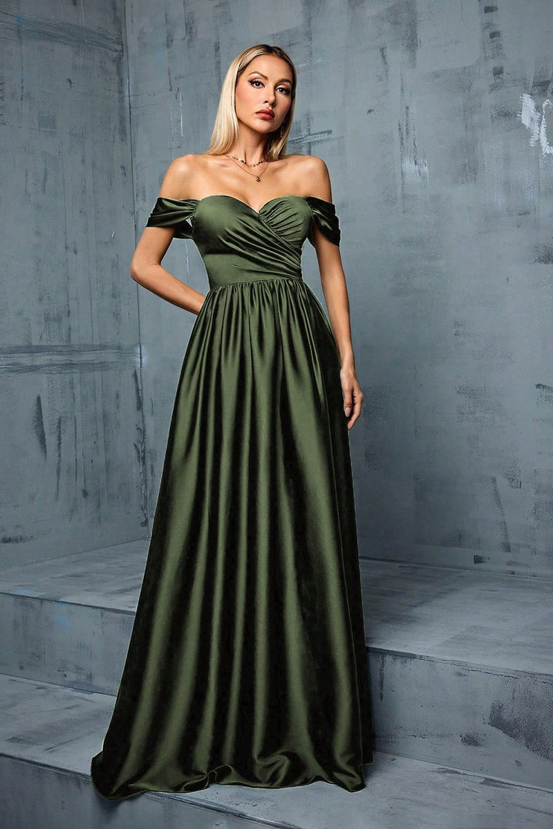 Load image into Gallery viewer, Army Green Off the Shoulder Satin A-Line Long Prom Dress