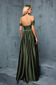 Army Green Off the Shoulder Satin A-Line Long Prom Dress