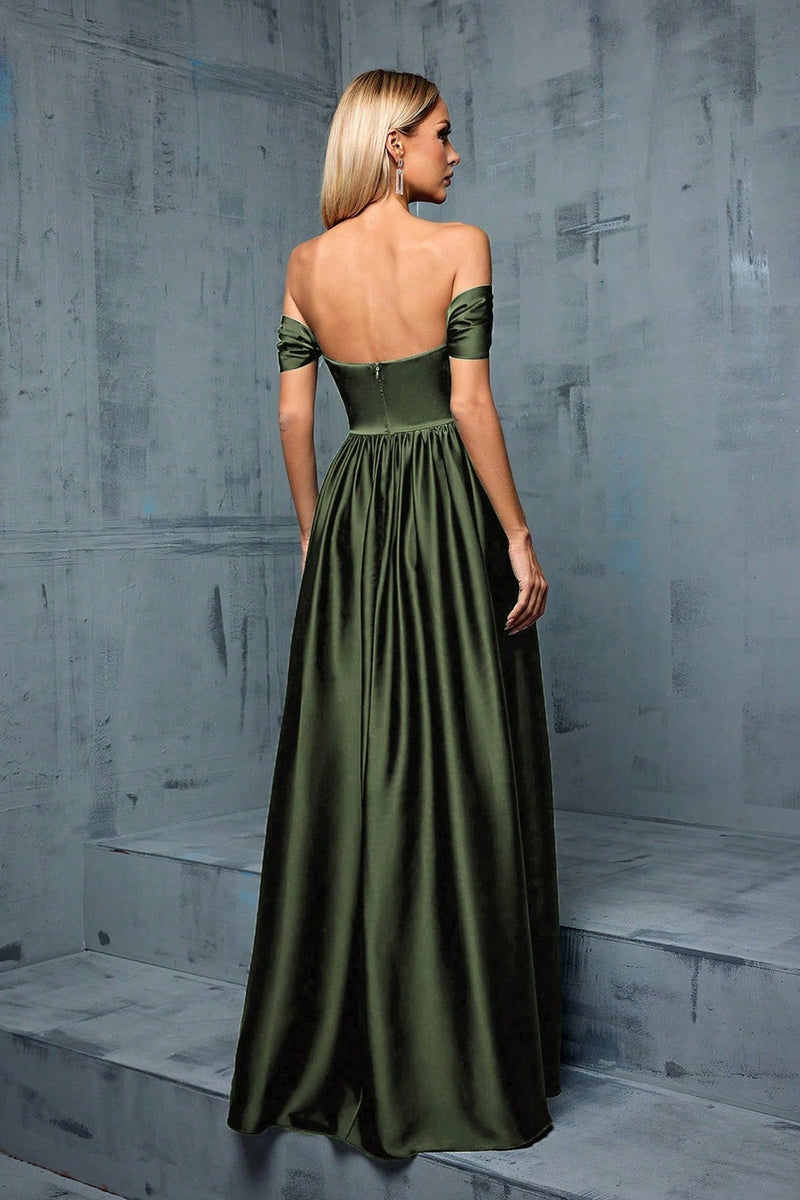 Load image into Gallery viewer, Army Green Off the Shoulder Satin A-Line Long Prom Dress