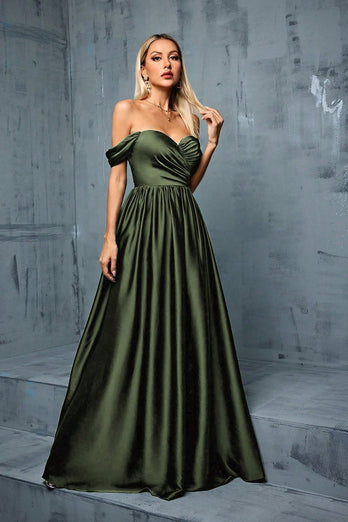 Army Green Off the Shoulder Satin A-Line Long Prom Dress