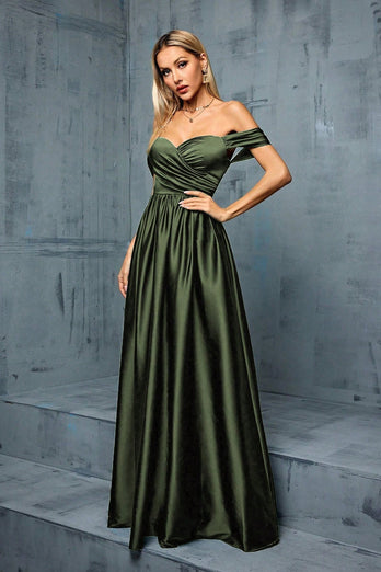 Army Green Off the Shoulder Satin A-Line Long Prom Dress