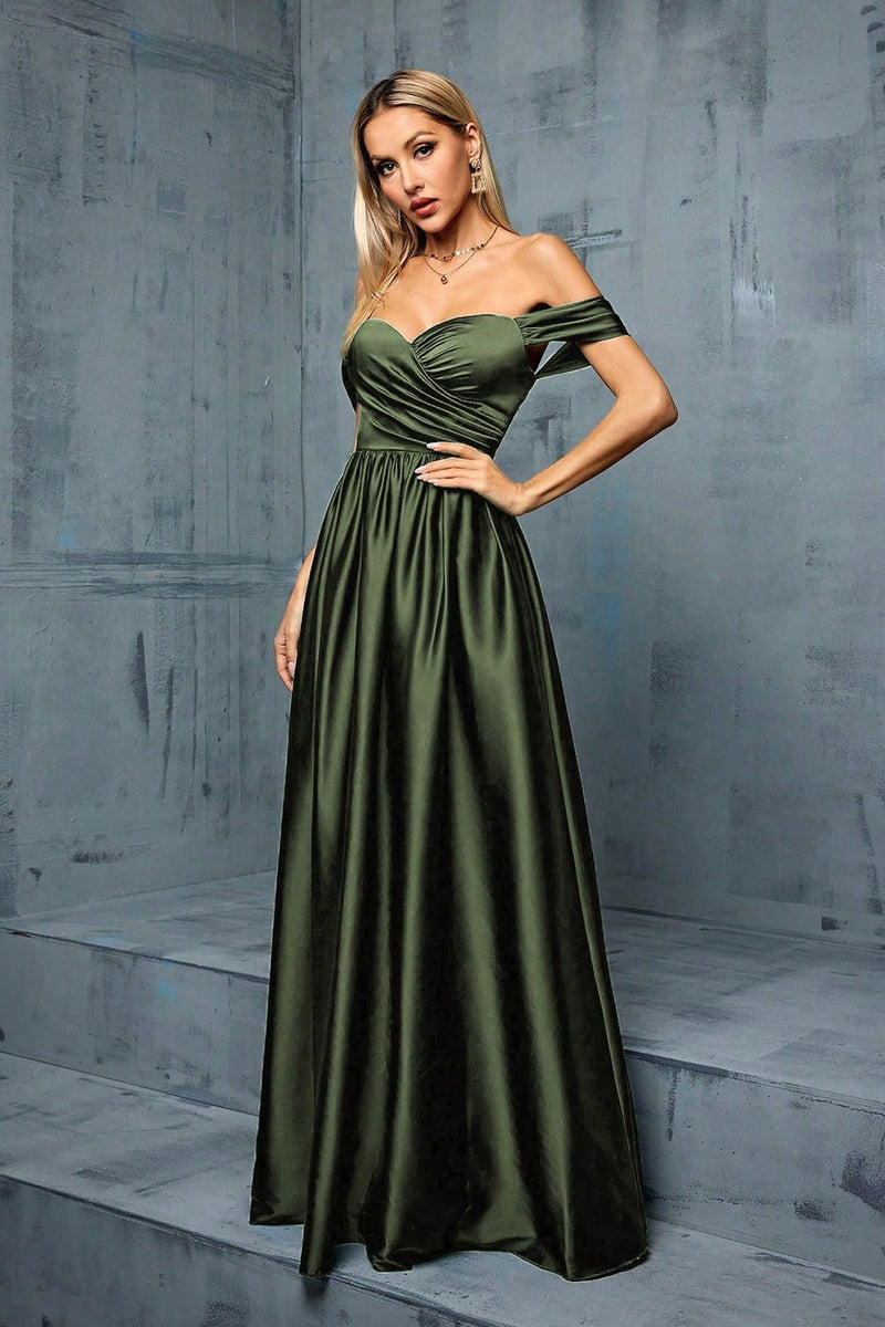 Load image into Gallery viewer, Army Green Off the Shoulder Satin A-Line Long Prom Dress