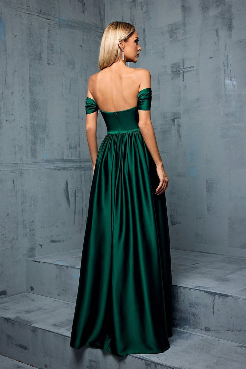 Load image into Gallery viewer, Army Green Off the Shoulder Satin A-Line Long Prom Dress