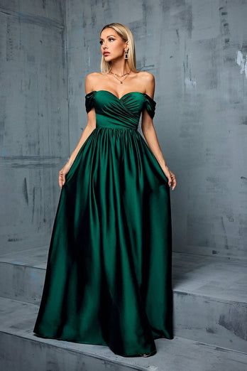 Army Green Off the Shoulder Satin A-Line Long Prom Dress