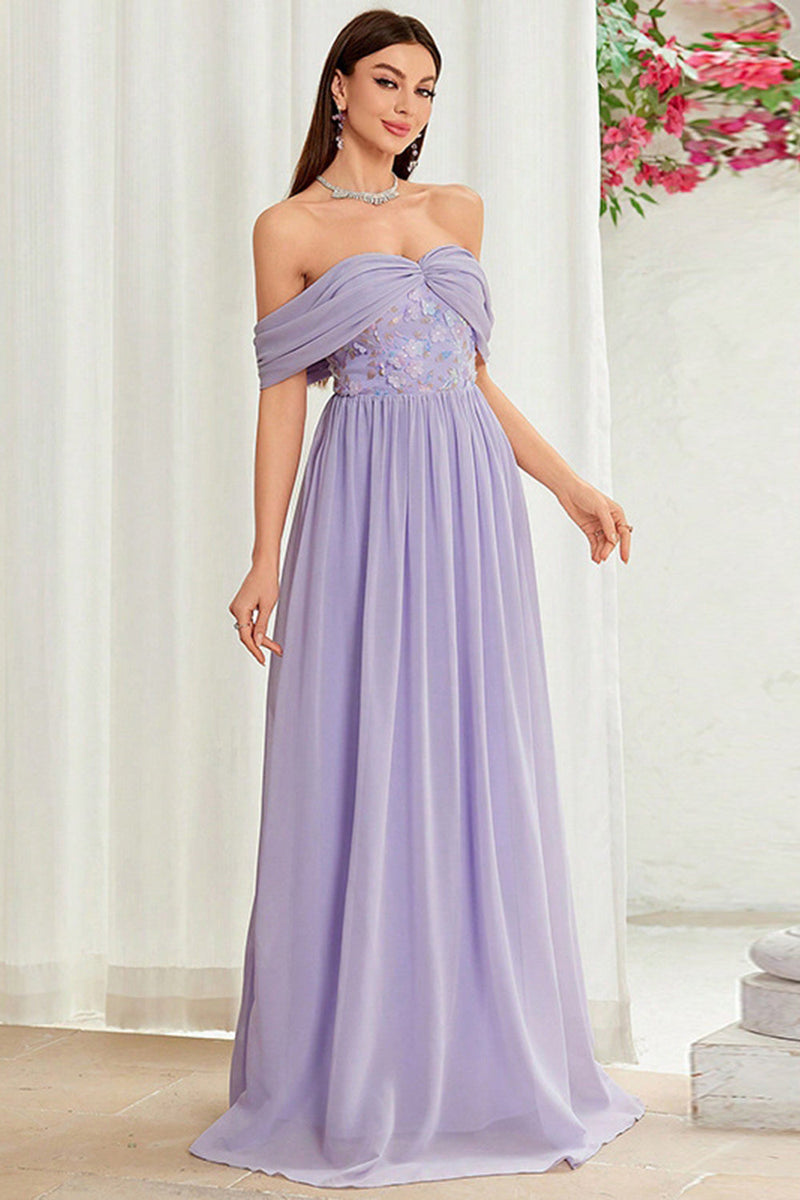 Load image into Gallery viewer, Off The Shoulder Grey Purple Floral Long Prom Dress