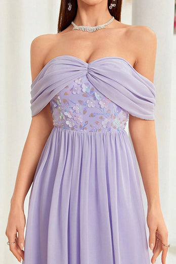 Off The Shoulder Grey Purple Floral Long Prom Dress