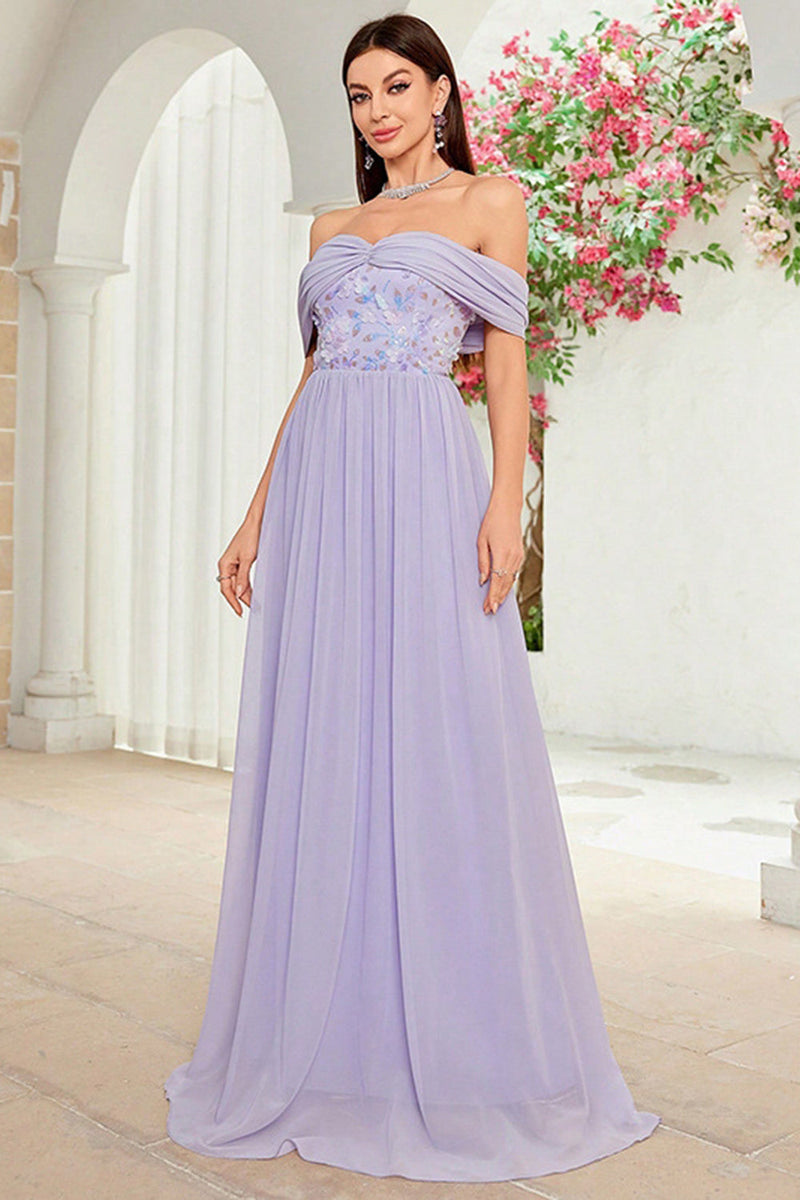 Load image into Gallery viewer, Off The Shoulder Grey Purple Floral Long Prom Dress