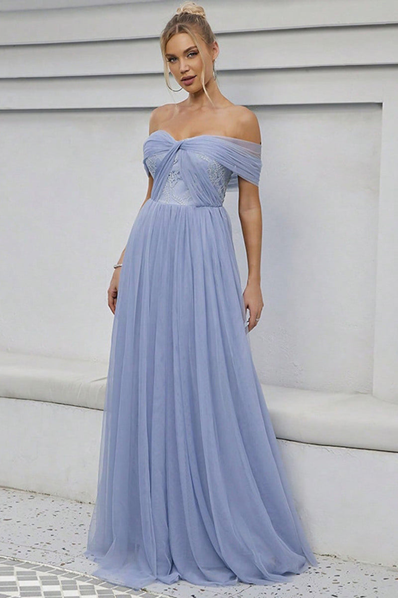 Load image into Gallery viewer, Blue Tulle Off the Shoulder A Line Formal Dress