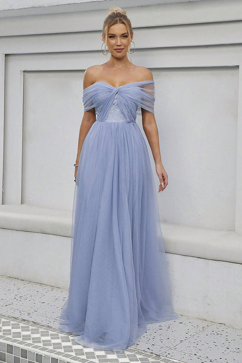 Load image into Gallery viewer, Blue Tulle Off the Shoulder A Line Formal Dress