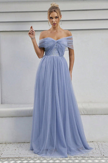 Blue Tulle Off the Shoulder A Line Formal Dress