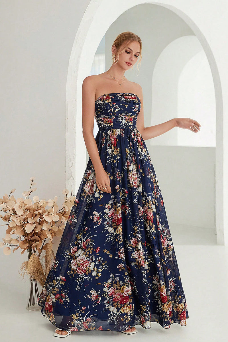 Load image into Gallery viewer, Printed Floral Navy Strapless A Line Long Formal Dress